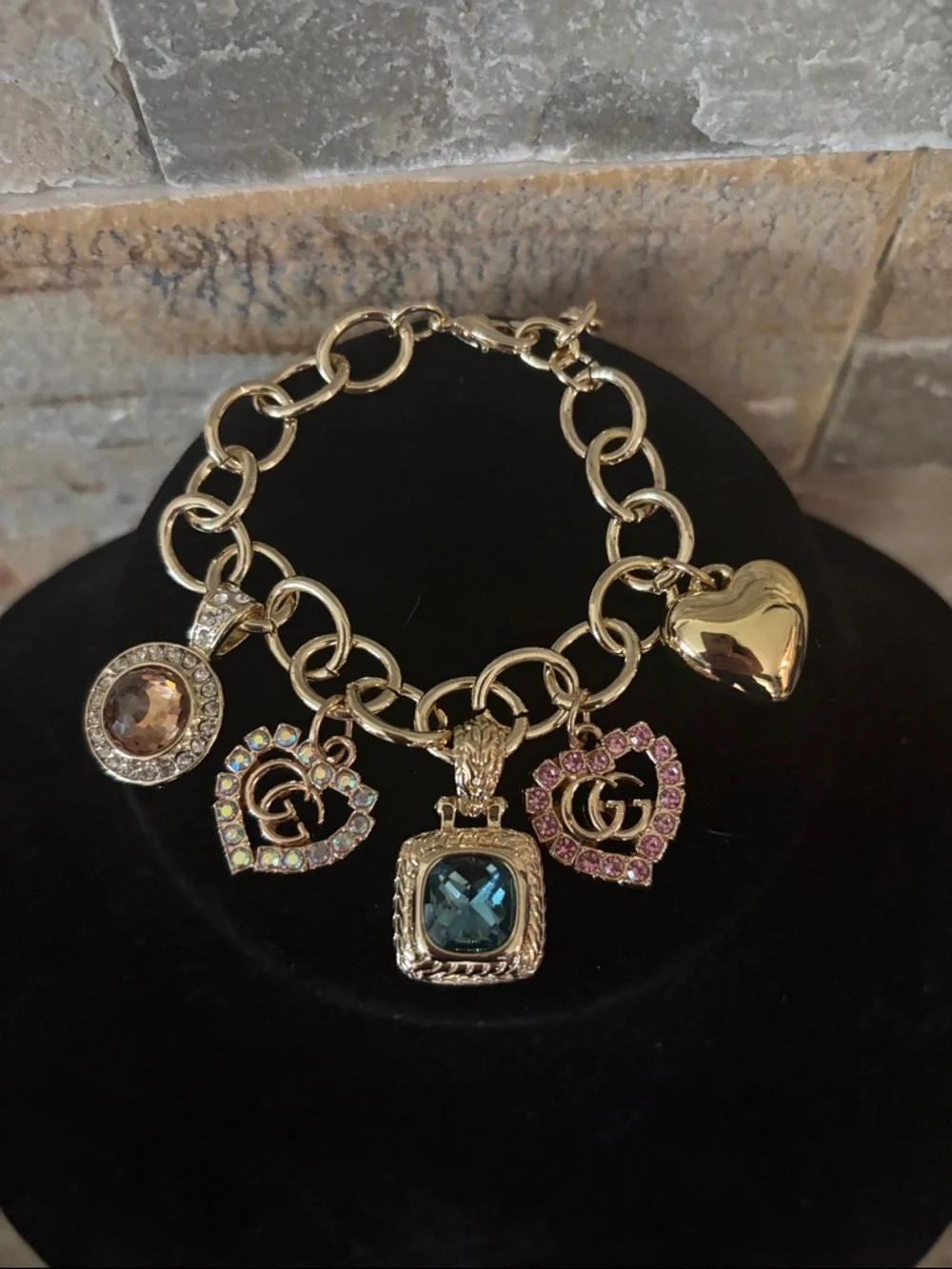 Gold-Tone Charm Bracelet with Multicolor GG Crystal Hearts - Picture 1 of 6